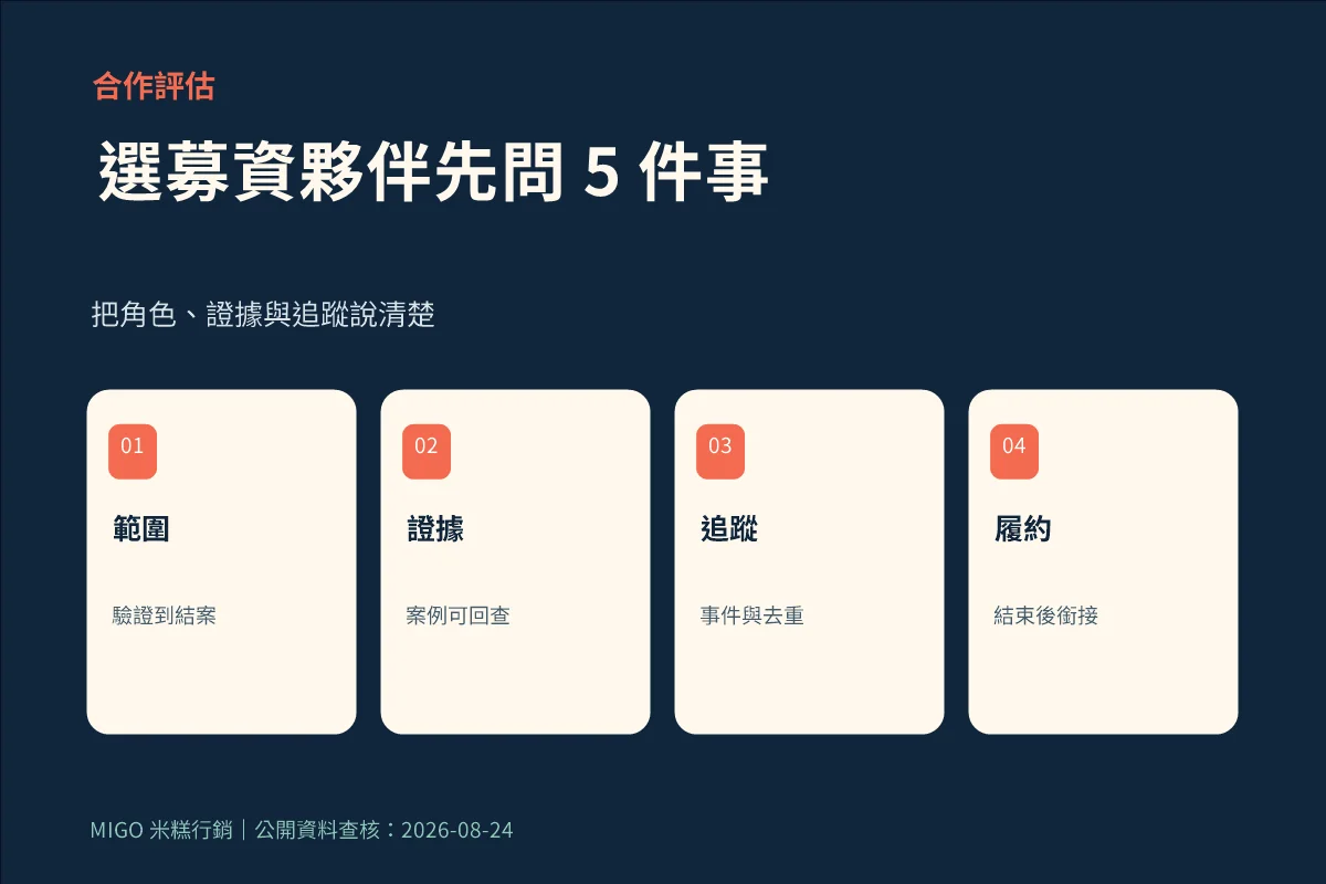 評估募資行銷夥伴時確認合作範圍、案例證據、轉換追蹤與履約銜接