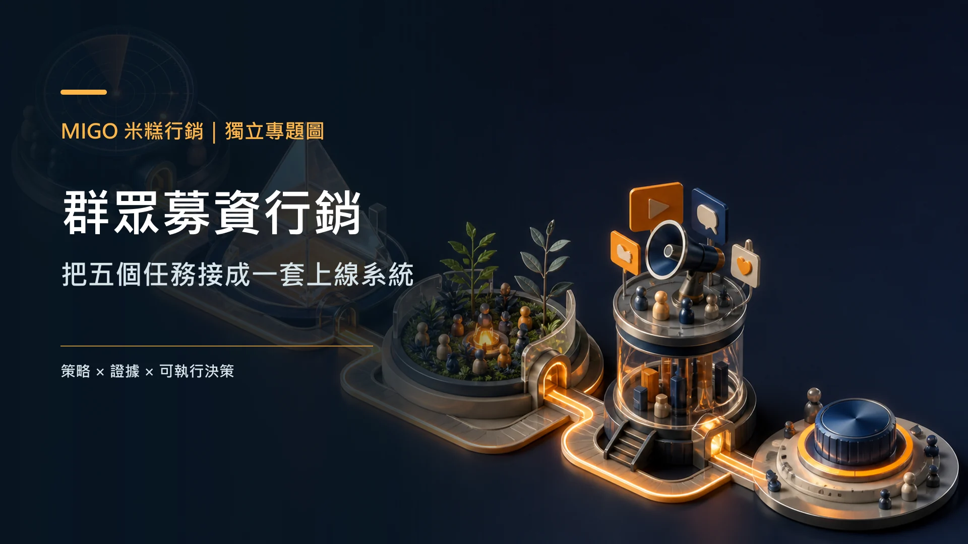 群眾募資行銷五個工作站的深色立體系統