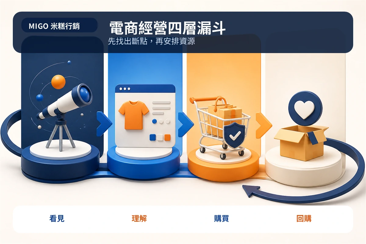 電商行銷策略怎麼做?台灣品牌從流量到回購的 7 個步驟 1 電商行銷策略從看見、理解、購買到回購的四層經營漏斗