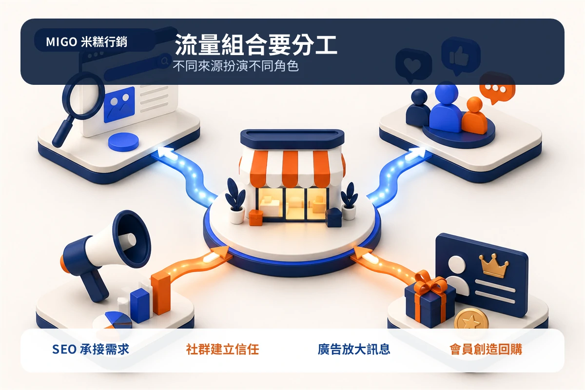 電商行銷策略怎麼做?台灣品牌從流量到回購的 7 個步驟 2 SEO、社群、廣告與會員四種電商流量來源的角色分工