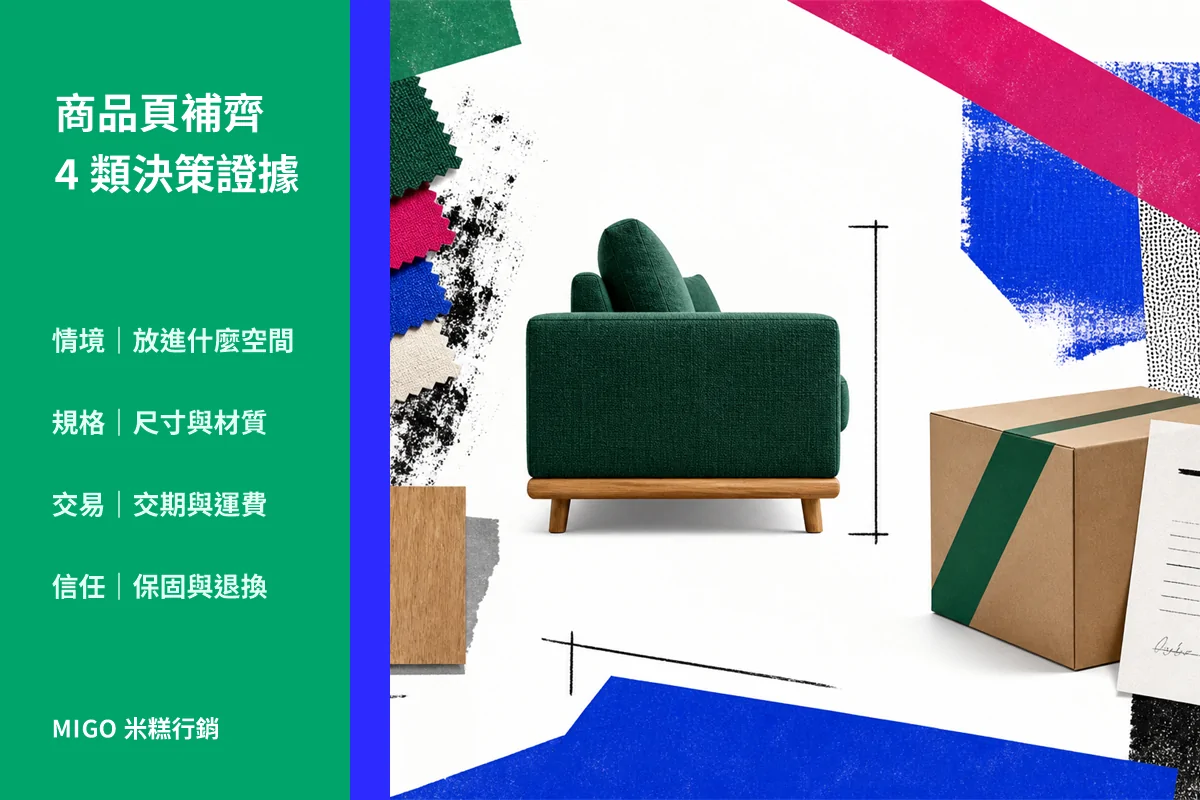 家具行銷怎麼做?從情境內容、門市到電商的 7 個步驟 2 家具商品頁應補齊情境、規格、交易與信任四類決策證據