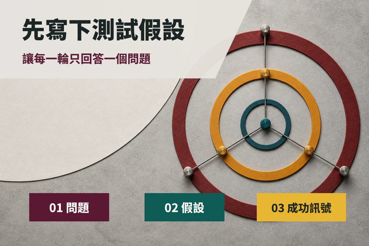 Meta 廣告素材測試怎麼做?台灣品牌的小預算實驗流程與停損表 1 Meta 廣告素材測試前,依序定義問題、假設與成功訊號