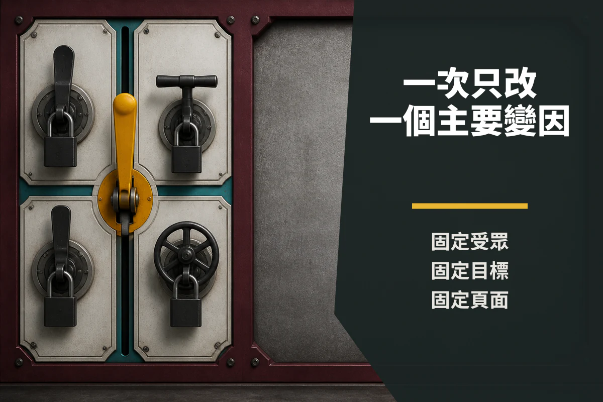 Meta 廣告素材測試怎麼做?台灣品牌的小預算實驗流程與停損表 2 廣告素材測試只改一個主要變因,並固定受眾、目標與頁面