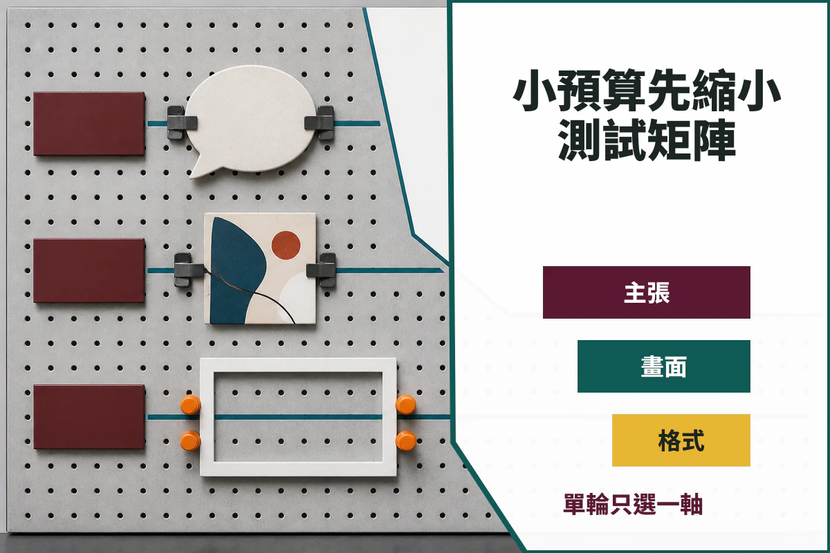 Meta 廣告素材測試怎麼做?台灣品牌的小預算實驗流程與停損表 3 小預算廣告測試矩陣一次只選主張、畫面或格式其中一軸