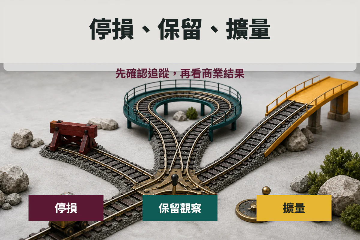 Meta 廣告素材測試怎麼做?台灣品牌的小預算實驗流程與停損表 4 Meta 廣告素材測試依追蹤、品質訊號與商業結果決定停損、保留或擴量